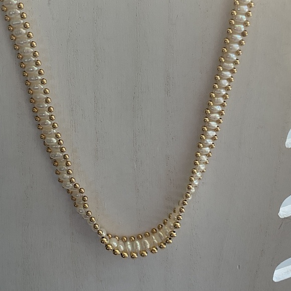 Vintage Freshwater Seed Pearl Gold Bead Necklace Earring Set Vintage 16” RTI 14K - Picture 3 of 16
